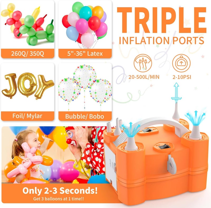 LooLaa Balloon Pump 3-in-1 Electric Air Pump for All Balloons& Inflatables, Triple Inflating Ports for Latex 260q Foil Mylar Balloon Inflation, Quick-Fill Inflator Deflator for Pool Floats Air Beds - Image 2
